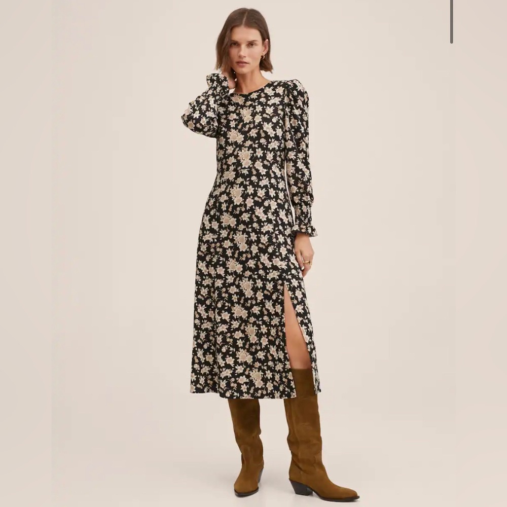 Mango Black Floral Midi Dress with Cream Flower Print